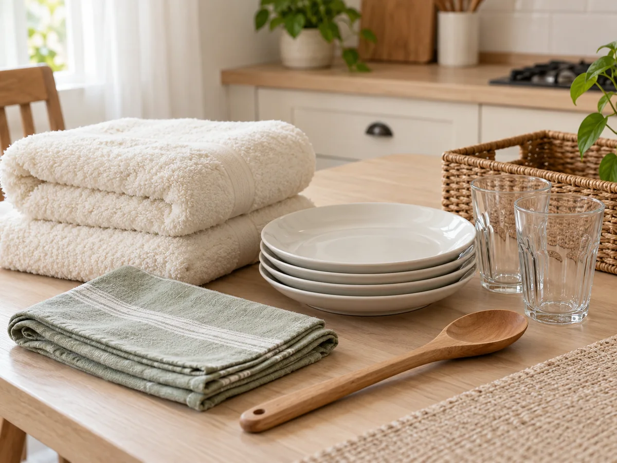 Imagem ilustrativa de itens de cama, banho e cozinha para organizar a casa nova