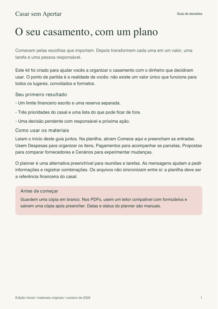Página real do guia de decisões Casar sem Apertar