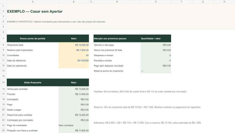 Prévia da planilha financeira bônus; os valores são um exemplo ilustrativo